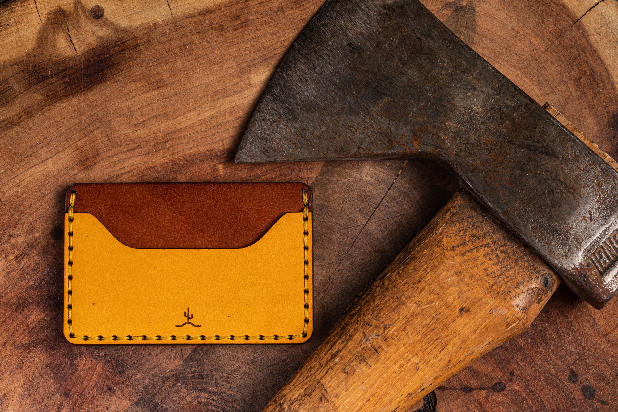 Yellow and brown slim wallet- two pocket with one center divider