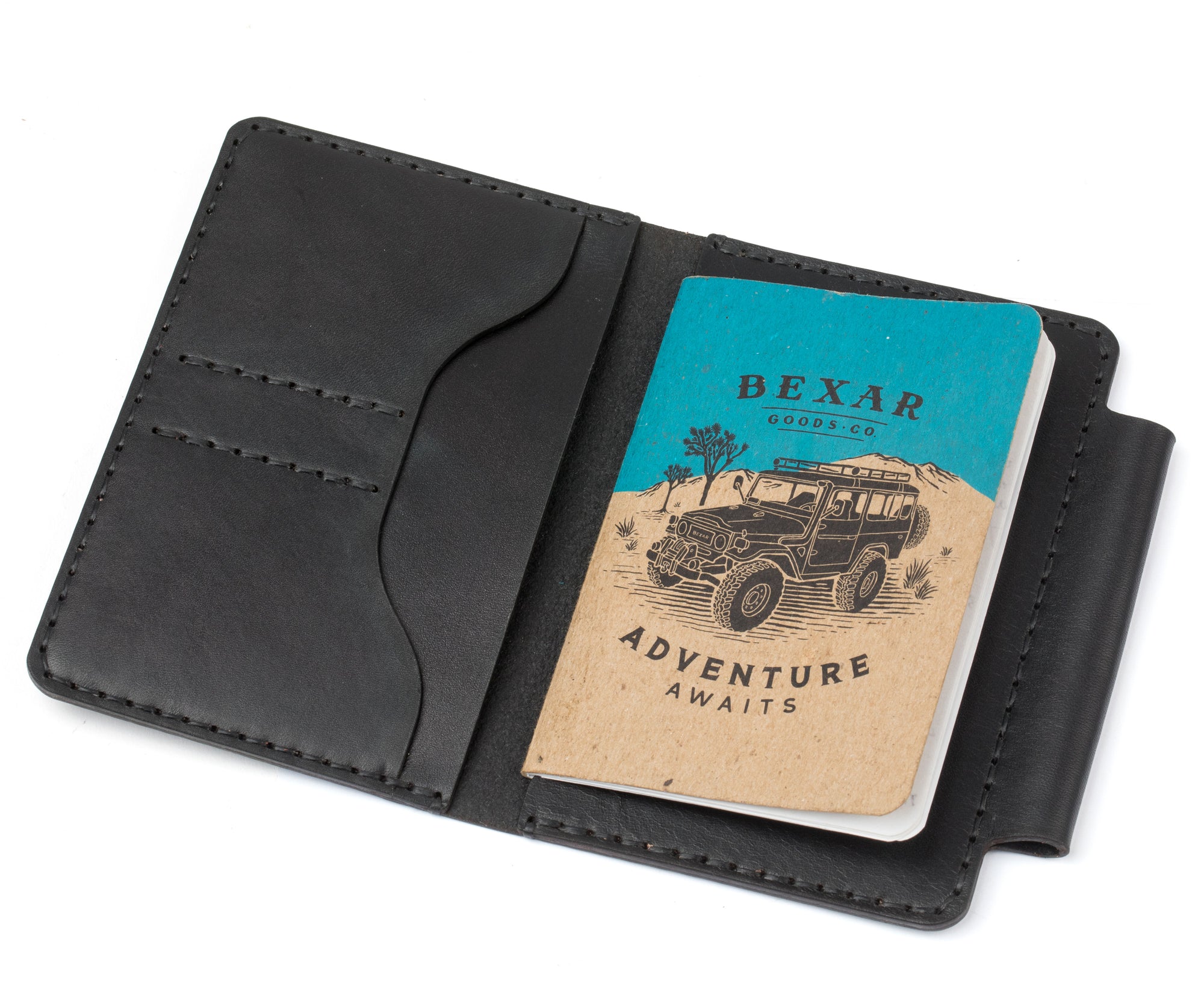 black leather notebook wallet with two card pockets and pen sleeve