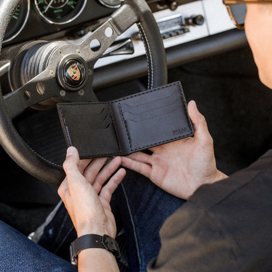 black leather six card pocket bifold wallet